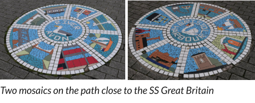 Two mosaics on the path close to the SS Great Britain
