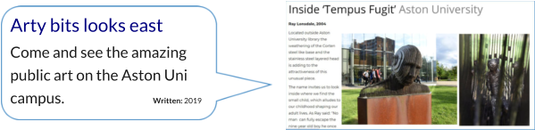 Arty bits looks east Come and see the amazing public art on the Aston Uni campus.                              Written: 2019